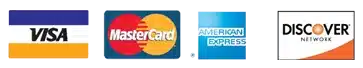 Frequently Asked Questions about payment. Picture of Visa, Mastercard, American Express and Discover cards.