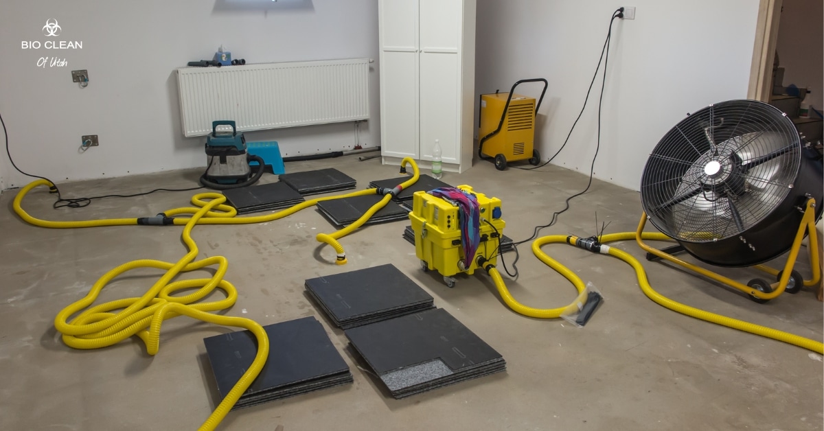 Emergency water cleanup crew using drying equipment in flooded basement