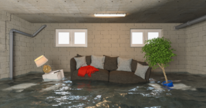 A flooded basement in Utah features a brown sofa, a red blanket, a tipped-over table, a lamp, and a plant in a blue pot. Water covers the floor, highlighting the urgent need for flood prevention measures to enhance home and business protection.
