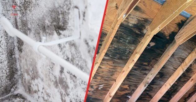 Side-by-side comparison of black mold and mildew in home walls