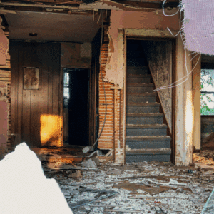 Interior of an abandoned, rundown house with exposed wall studs, debris covering the floor, and a staircase leading upward. Sunlight shines through a window—an ideal candidate for restoration services Utah.