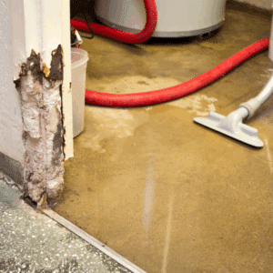 A section of wall with severe water damage and mold next to a concrete floor; a vacuum hose and bucket are visible near a water heater in the background, highlighting the need for professional water damage restoration Utah.