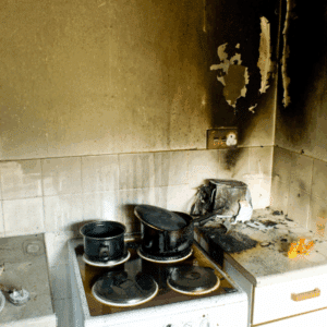 A burnt kitchen with blackened walls, damaged stove, and scorched toaster, showing extensive fire damage and smoke damage requiring professional fire damage restoration in Utah.