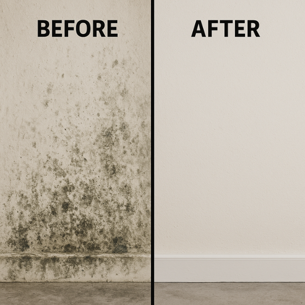 Before and after of mildew removal on an interior wall