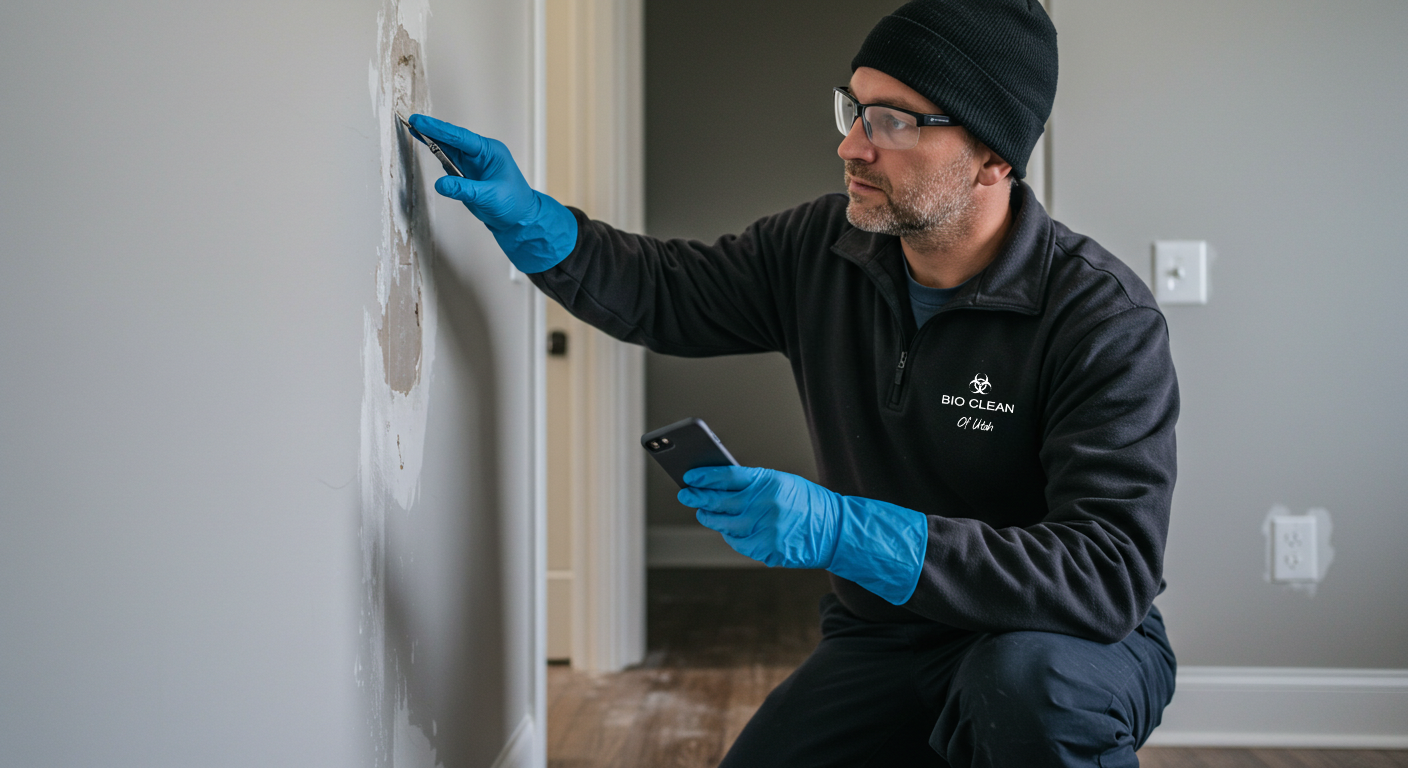 A man wearing gloves, glasses, and a beanie examines a patched area on a wall while holding a phone in a room undergoing Utah Pipe Leak Cleanup.