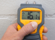 Certified inspector checking wall for hidden mold with moisture meter