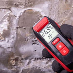 Professional mold remediation contractor inspecting mold damage with equipment