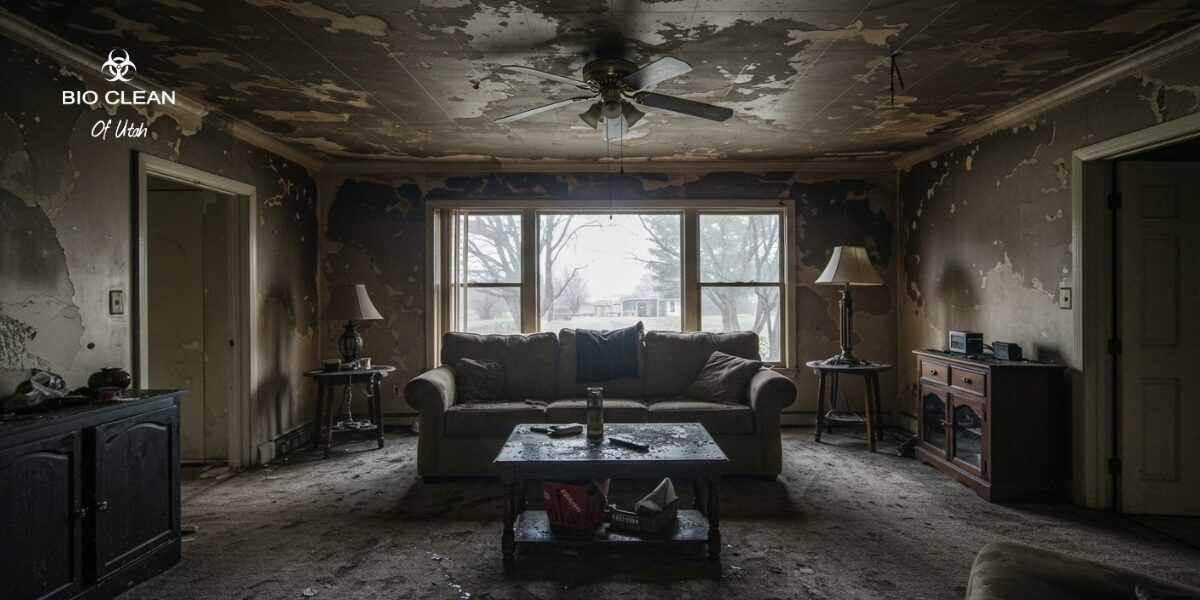 Living room interior with visible smoke damage on walls and ceiling.