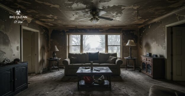 Living room interior with visible smoke damage on walls and ceiling.