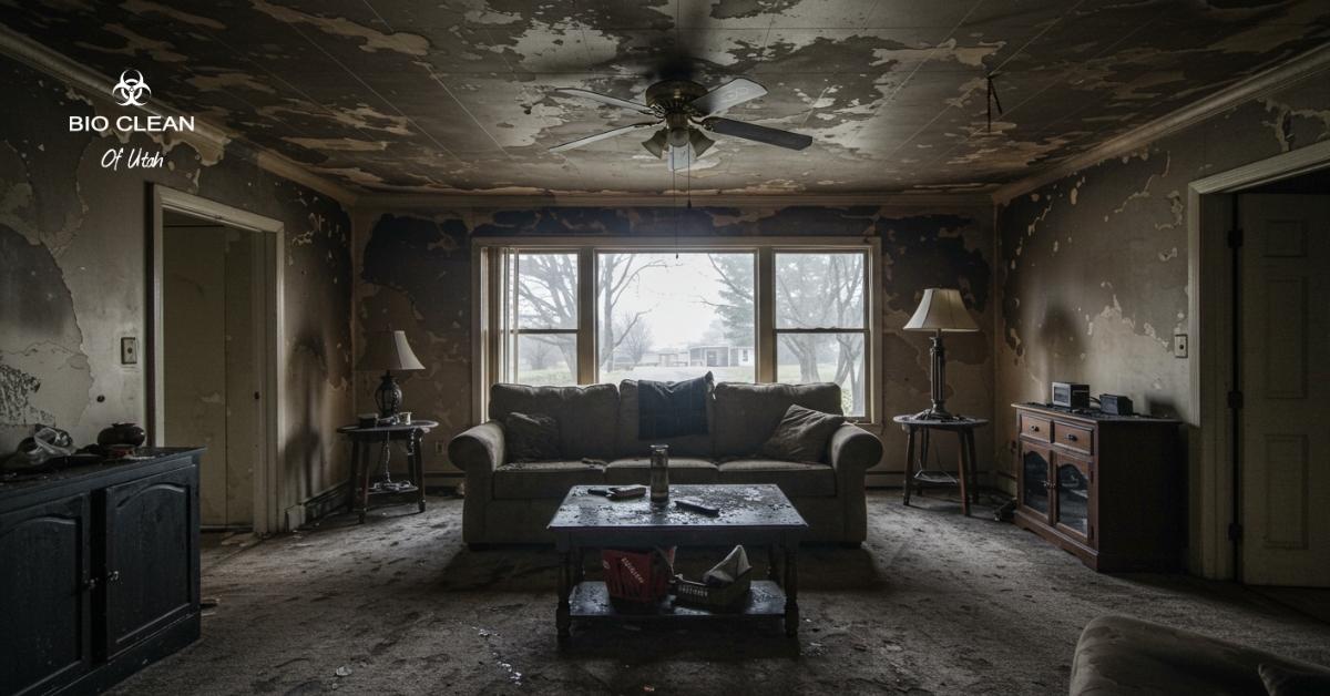 Living room interior with visible smoke damage on walls and ceiling.