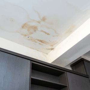 A homeowner or technician inspecting a water stain on a ceiling or pointing at water-damaged drywall.